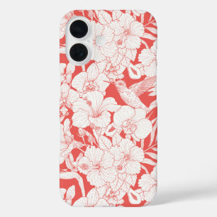 Tropical Florals and Hummingbird in coral and off iPhone 16 Case
