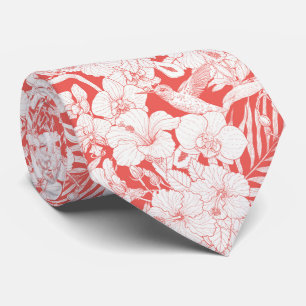 Tropical Florals and Hummingbird in coral and off Tie