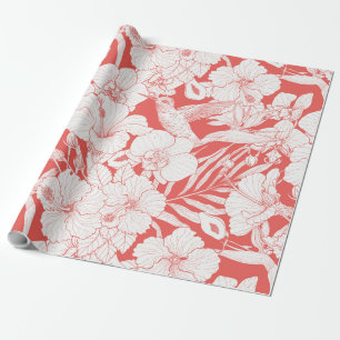 Tropical Florals and Hummingbird in coral and off Wrapping Paper