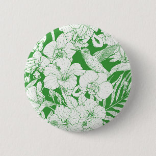 Tropical Florals and Hummingbird in green and off 6 Cm Round Badge