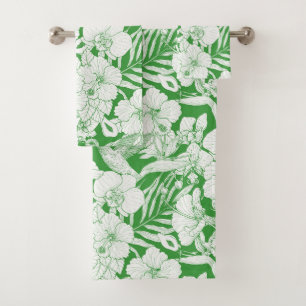 Tropical Florals and Hummingbird in green and off  Bath Towel Set