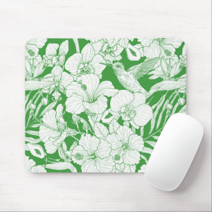 Tropical Florals and Hummingbird in green and off Mouse Mat