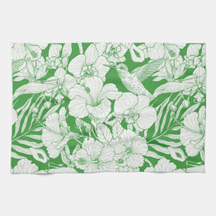 Tropical Florals and Hummingbird in green and off Tea Towel