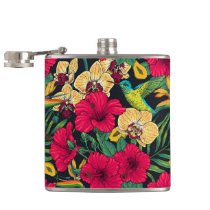 Tropical Florals and Hummingbird - Summer Botanica Hip Flask