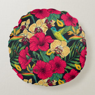 Tropical Florals and Hummingbird - Summer Botanica Round Cushion