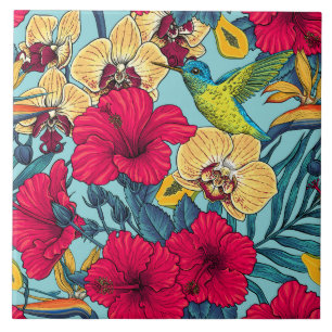 Tropical Florals and Hummingbird - Summer Botanica Tile