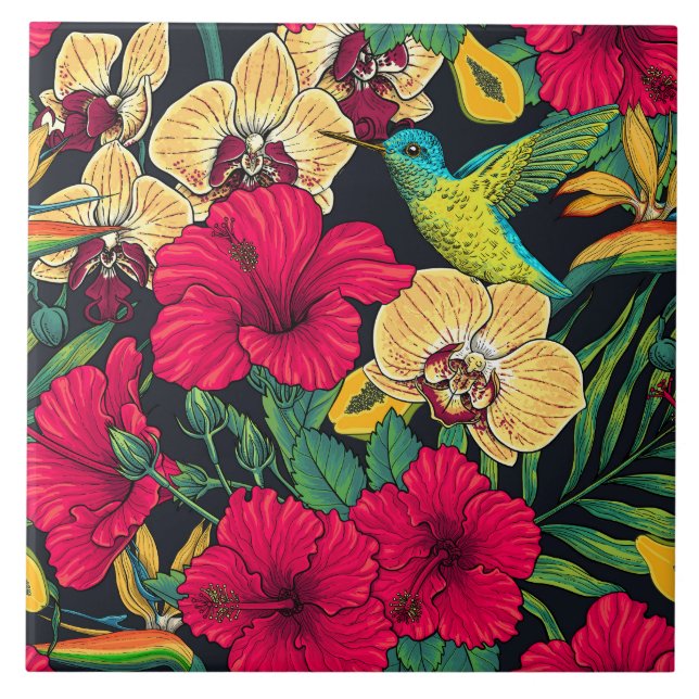 Tropical Florals and Hummingbird - Summer Botanica Tile (Front)