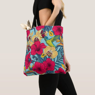 Tropical Florals and Hummingbird - Summer Botanica Tote Bag
