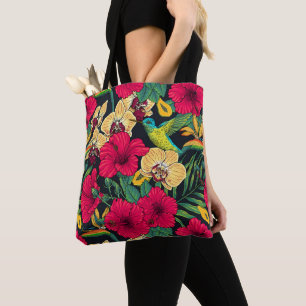 Tropical Florals and Hummingbird - Summer Botanica Tote Bag