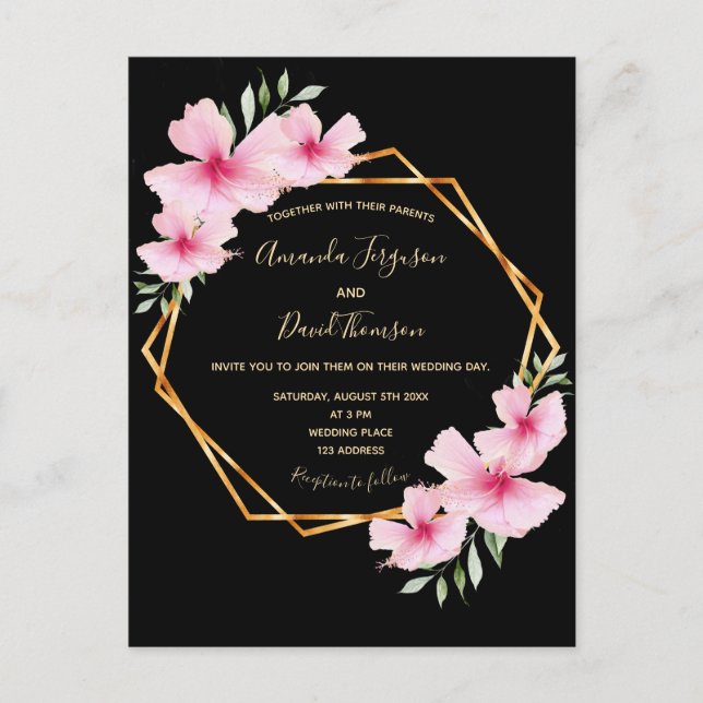 Tropical florals black gold geometric wedding invitation postcard (Front)