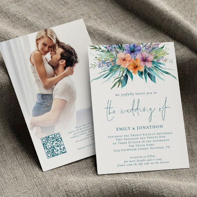 Tropical Florals Photo QR Code Teal Wedding Invitation (front and back view)