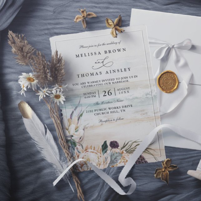 tropical florals protea beach elegant chic wedding invitation (Creator Uploaded)
