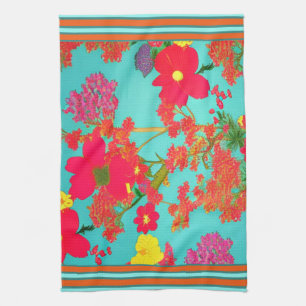 Tropical Florals Teal, Orange, Yellow with Trim  Tea Towel