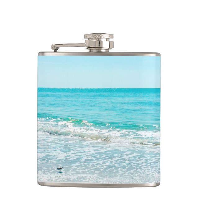 Tropical Florida Beach Sand Ocean Waves Sandpiper Hip Flask (Front)
