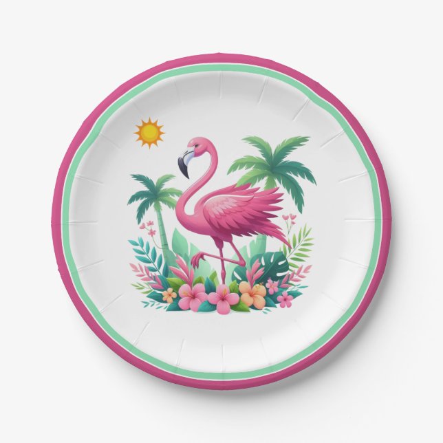 Tropical/Florida pink flamingo Paper Plate (Front)