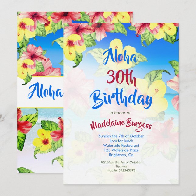 Tropical Flower 30th Birthday Beach Aloha Invitation (Front/Back)