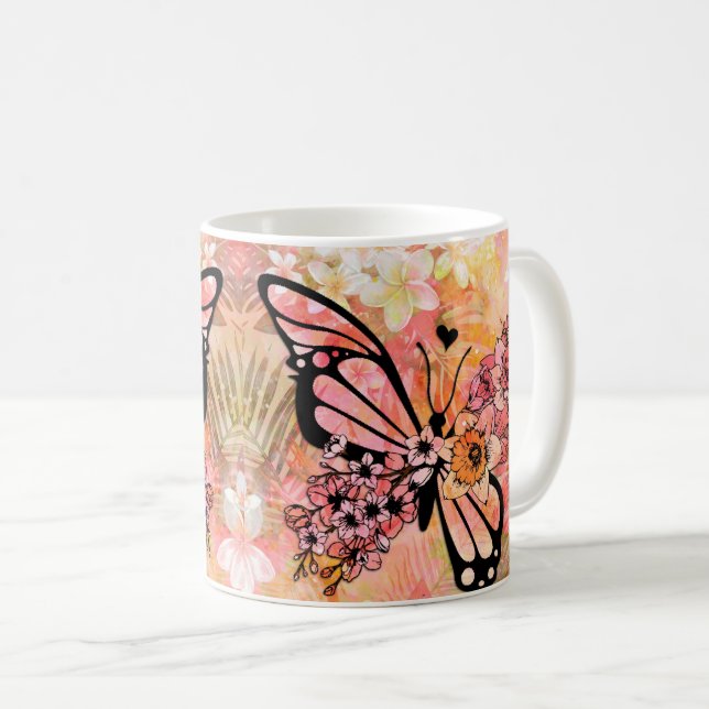 Tropical Flower and Butterfly Art – Vibrant Floral Coffee Mug (Front Right)