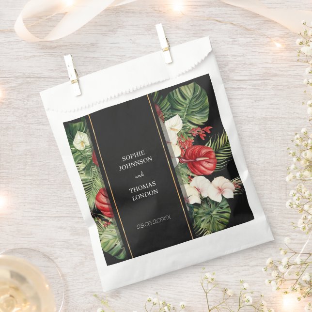 Tropical flower and leaves dark watercolor wedding favour bags (Clipped)