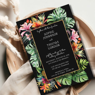 Tropical flower and leaves dark watercolor wedding invitation