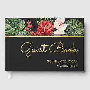 Tropical flower and leaves dark wedding guest book