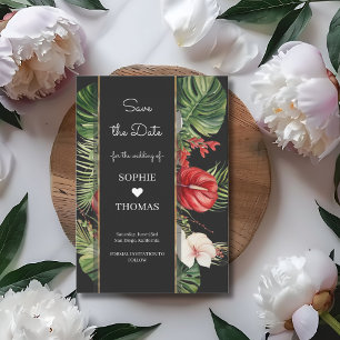 Tropical flower and leaves dark wedding save the date