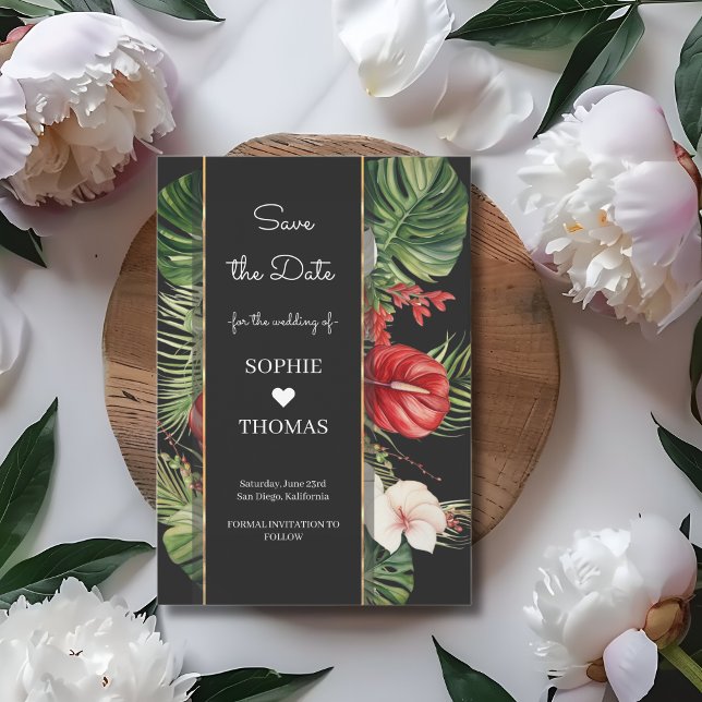 Tropical flower and leaves dark wedding save the date (Creator Uploaded)