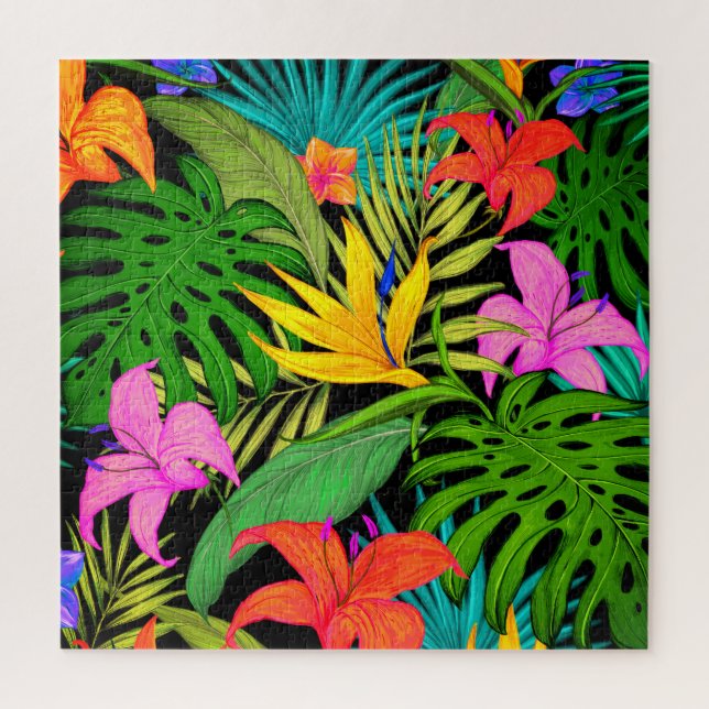 Tropical flower and palm leaf Hawaiian colorful Jigsaw Puzzle (Vertical)