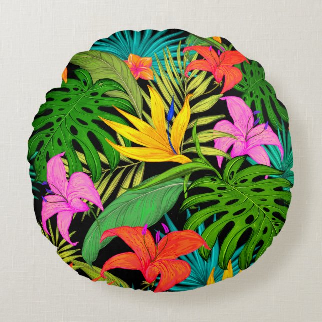 Tropical flower and palm leaf Hawaiian colourful Round Cushion (Front)