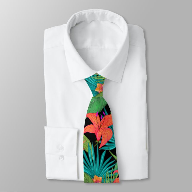 Tropical flower and palm leaf Hawaiian colourful Tie (Tied)