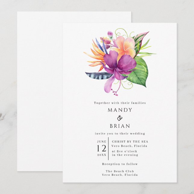 Tropical Flower Beach Island Wedding Invitation (Front/Back)
