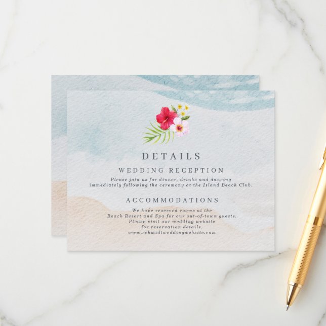 Tropical Flower Beach Wedding Details Enclosure Card (Front/Back In Situ)