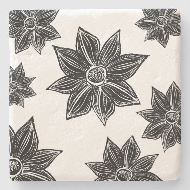 Tropical Flower Black and White Stone Coaster (Front)