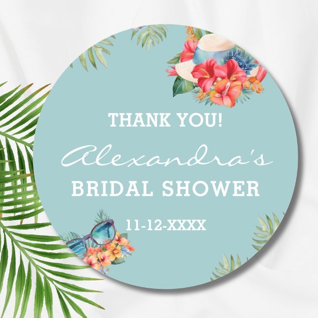 Tropical Flower Blue Beach Bridal Shower Thank You Classic Round Sticker (Creator Uploaded)