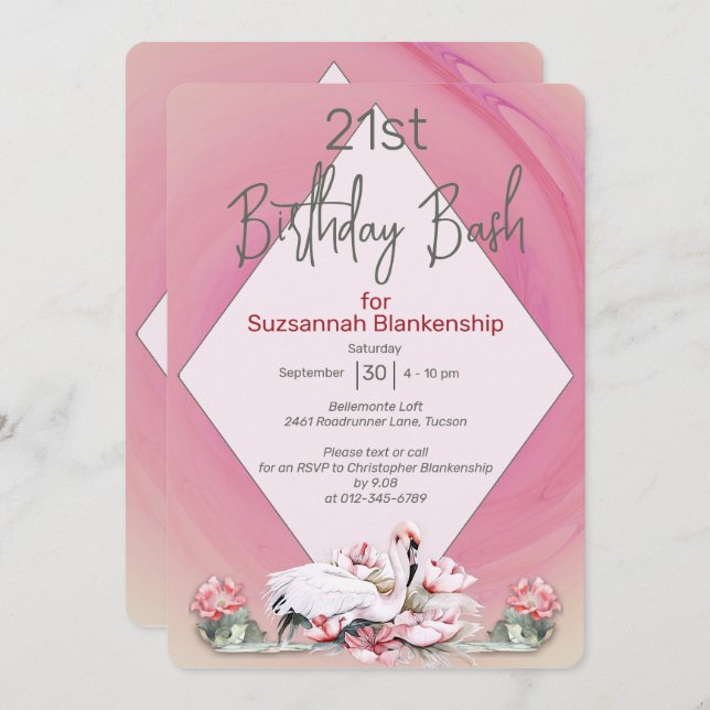 Tropical Flower & Flamingo Custom Celebration Invitation (Front/Back)