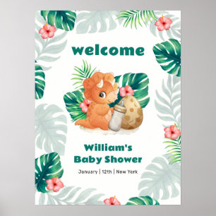 Tropical Flower Hatching Dino Baby Shower Welcome Poster