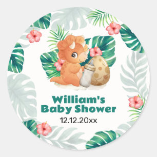 Tropical Flower Hatching Dinosaur Baby Shower Classic Round Sticker