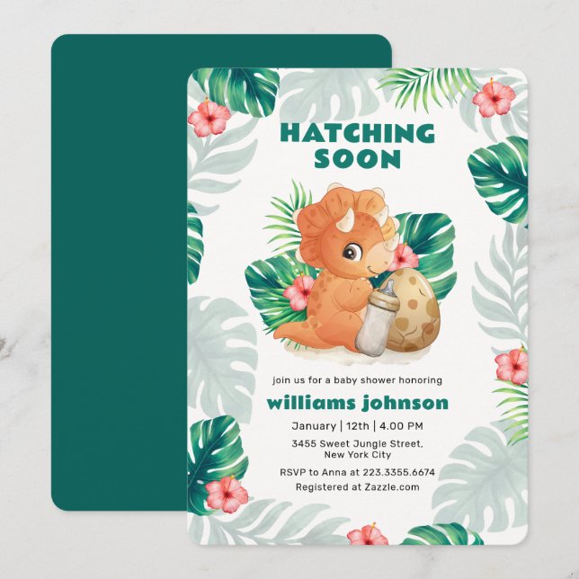 Tropical Flower Hatching Dinosaur Baby Shower  Invitation (Front/Back)