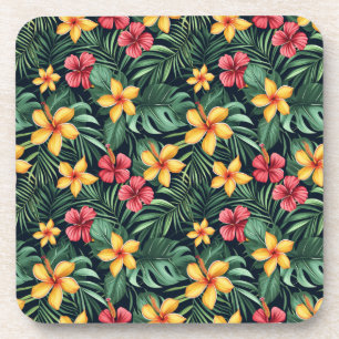 Tropical Flower Hibiscus Seamless Pattern Coaster