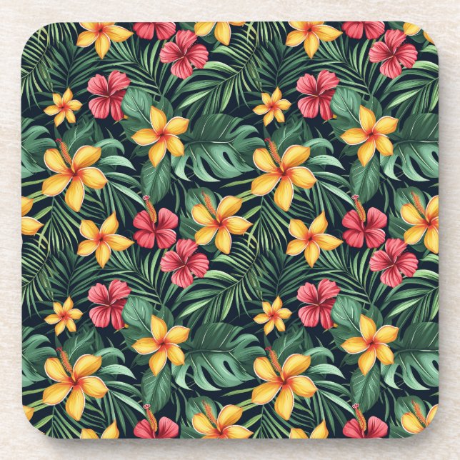Tropical Flower Hibiscus Seamless Pattern Coaster (Front)