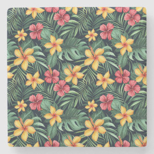 Tropical Flower Hibiscus Seamless Pattern Stone Coaster