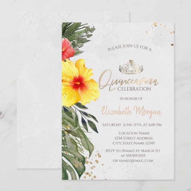 Tropical Flower Hibiscus Summer Quinceañera Invitation (Front/Back)