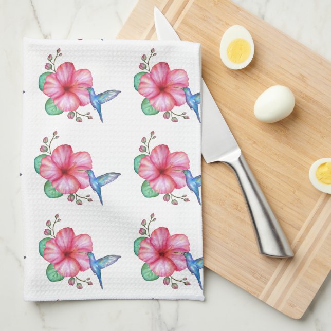 Tropical Flower Hummingbird White Tea Towel (Quarter Fold)