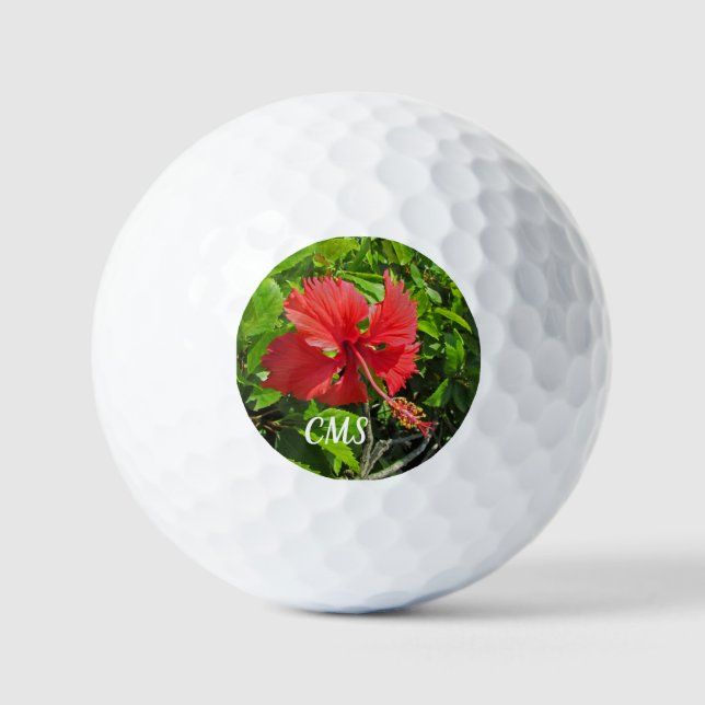 Tropical Flower Initials Bright Pink Island Floral Golf Balls (Front)