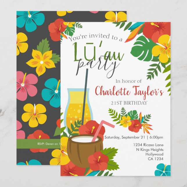 Tropical Flower Luau Party Invitation (Front/Back)