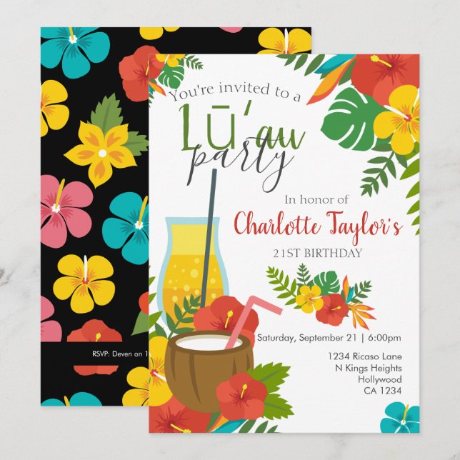 Tropical Flower Luau Party Invitation (Front/Back)