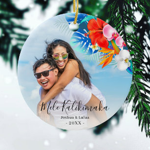 Tropical Flower Mele Kalikimaka Christmas Photo Ceramic Tree Decoration