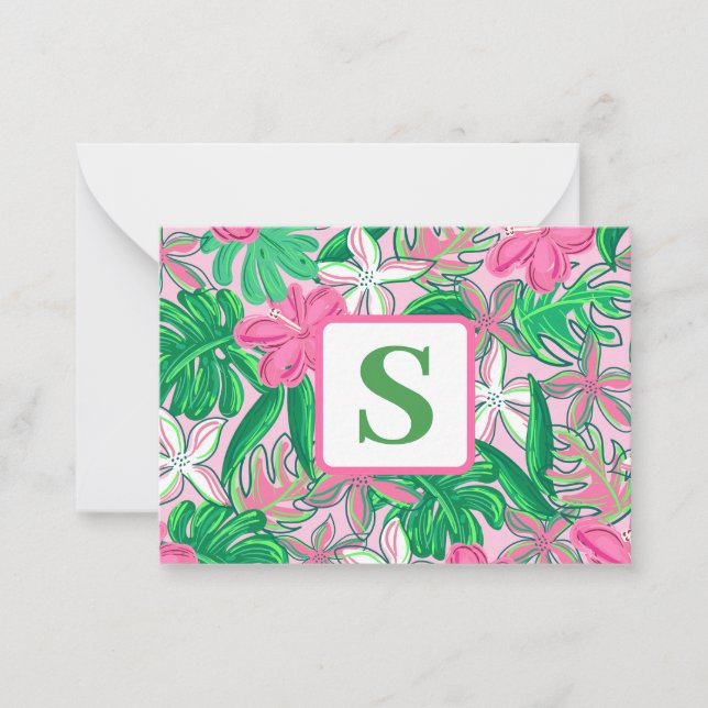 Tropical Flower Monogram Pink White Green Preppy Card (Front)