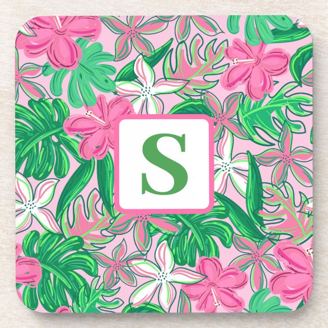 Tropical Flower Monogram Pink White Green Preppy  Coaster (Front)