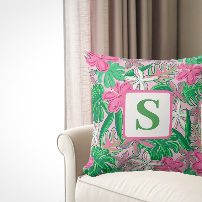 Tropical Flower Monogram Pink White Green Preppy Cushion (Creator Uploaded)