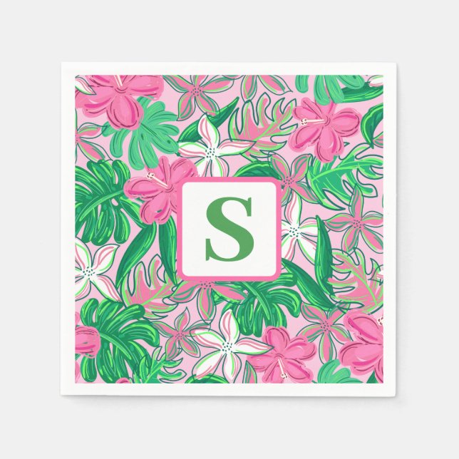 Tropical Flower Monogram Pink White Green Preppy Napkin (Front)